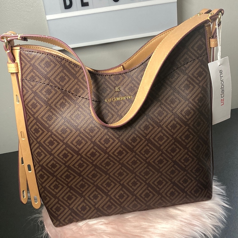 Liz Claiborne Brown and Tan Shoulder Bag with Monogram Design